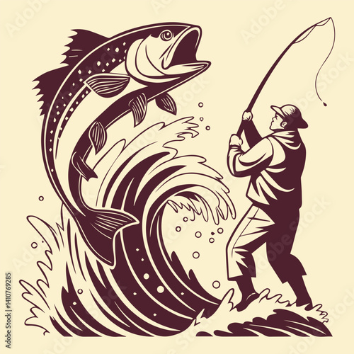 Man Fishing in Wild River with Jumping Trout – Retro Outdoor Illustration