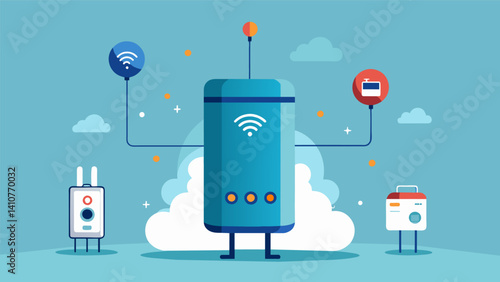 A smart water heater that uses predictive algorithms to determine hot water demand and adjusts energy usage accordingly.. Vector illustration