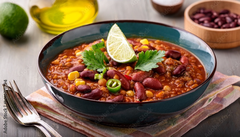 Vegetarian chili con carne with lentils beans lime jalapeno Mexican traditional dish Vegetarian chili con carne with lentils beans lime jalapeno Mexican traditional dish