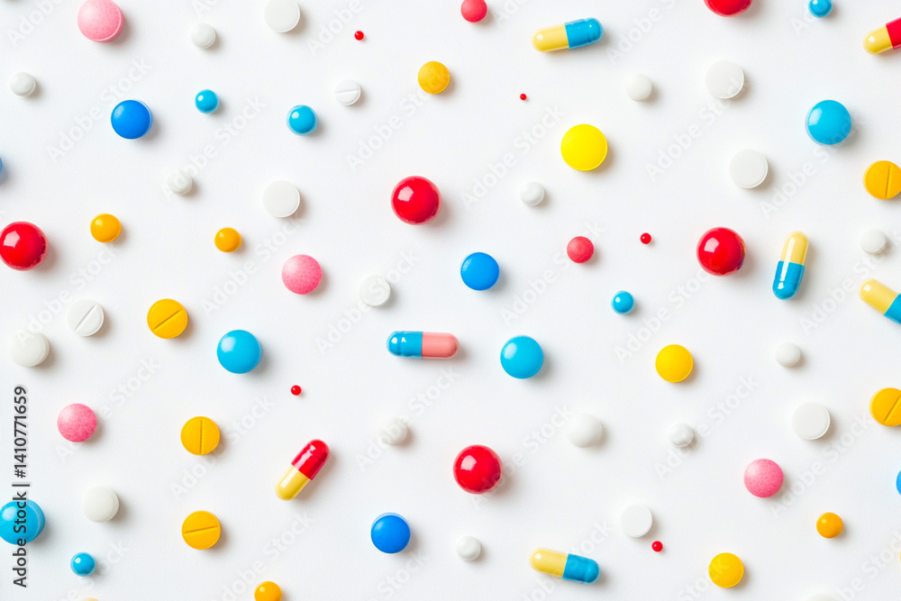 Multicolored capsules and tablets scattered on a white background, symbolizing the pharmaceutical industry and medicine Multicolored capsules and tablets scattered on a white background, symbolizing the pharmaceutical industry and medicine