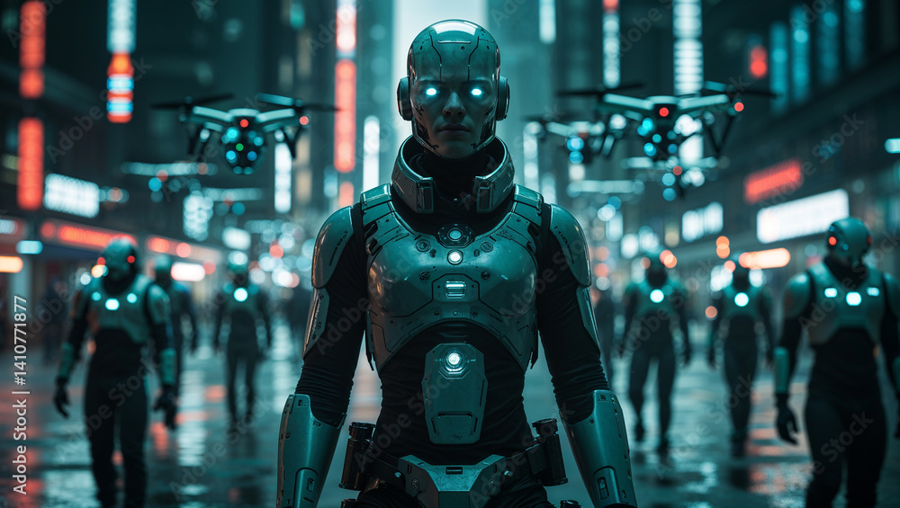 Futuristic robot cyborg in downtown of a city with small drones around it and other cyborgs in the background Futuristic robot cyborg in downtown of a city with small drones around it and other cyborgs in the background