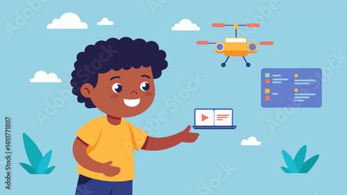 A child carefully follows a stepbystep coding guide to program a small drone buzzing with excitement as they see their creation take flight.. Vector illustration