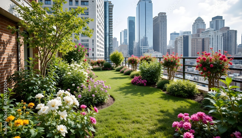 Fototapeta premium Vibrant Rooftop Garden with City Skyline in Bright Daylight