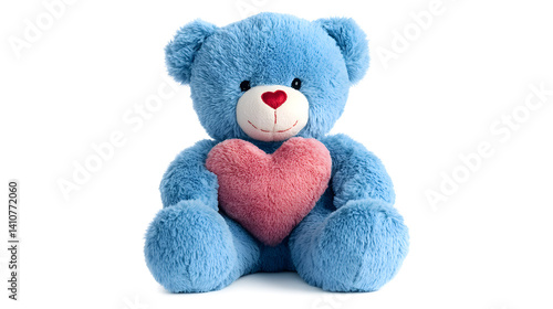 A blue teddy bear with a pink heart is sitting