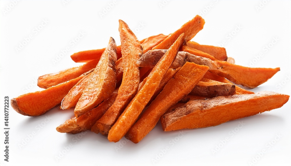 A handful of sweet potato fries on a white background A handful of sweet potato fries on a white background