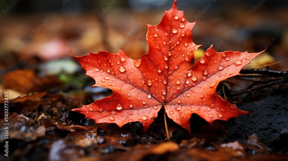 Fototapeta premium Red maple leaf with water droplets close up