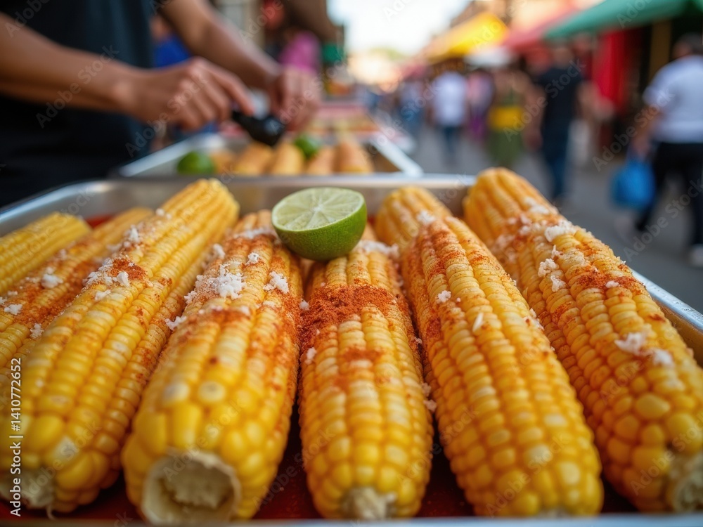 Vibrant street vendor creates elote, grilled corn topped with cheese and spices, in a bustling market filled with colorful stalls and lively atmosphere.