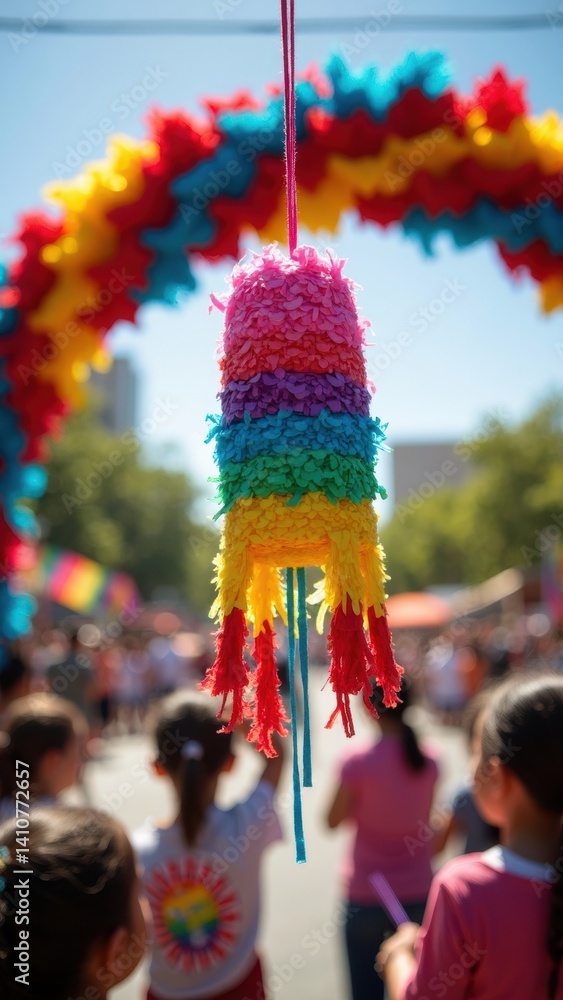 A vibrant Pinata swings under a decorative arch adorned with papel picado, as excited children stand around, filled with anticipation for the fun ahead.