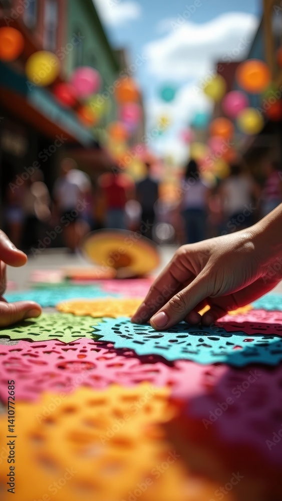 A woman hands skillfully arrange colorful papel picado while sunlight casts vibrant colors in an outdoor market filled with festivities and decorations.