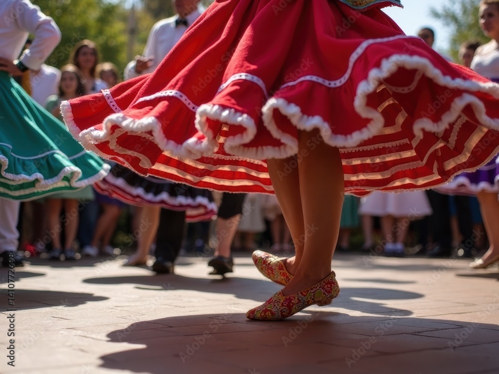 Close-up of a dancer feet in traditional huaraches, showcasing vibrant red skirt as they perform a folkloric dance, engaging the audience with lively motion.