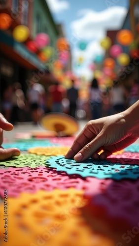 Obraz na płótnie A woman hands skillfully arrange colorful papel picado while sunlight casts vibrant colors in an outdoor market filled with festivities and decorations. w salonie