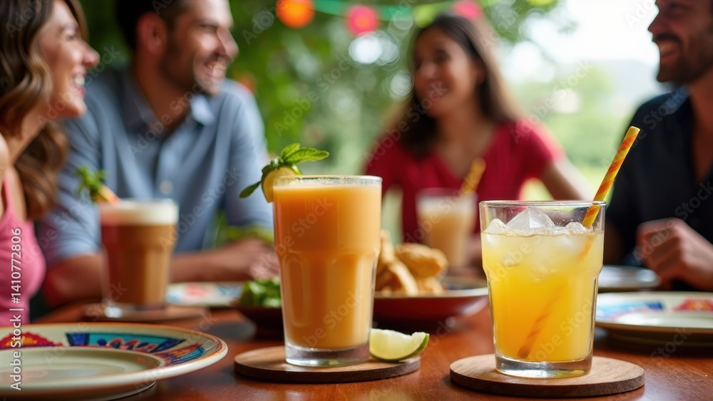 Vibrant table set with traditional Mexican drinks and surrounded by smiling guests enjoying a festive gathering on a sunny day.