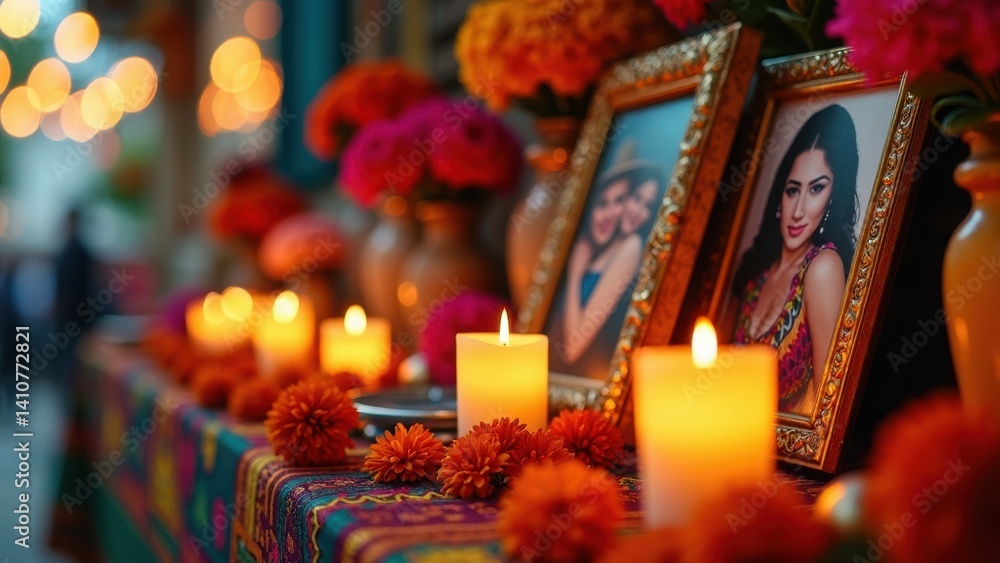 A vibrant Mexican altar features marigold flowers and candles, along with framed photos of loved ones, creating a colorful tribute.