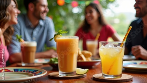 Obraz na płótnie Vibrant table set with traditional Mexican drinks and surrounded by smiling guests enjoying a festive gathering on a sunny day. w salonie