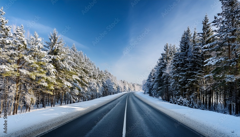 winter landscape with asphalt roadforest and blue sky winter landscape with asphalt roadforest and blue sky