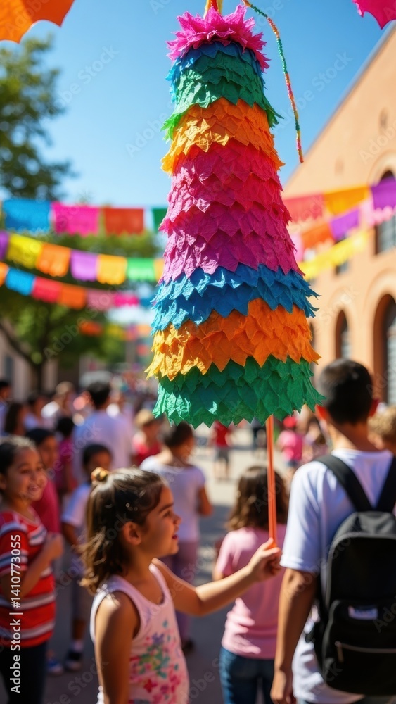 A vibrant Pinata hangs from above while children excitedly gather around, enjoying a festive atmosphere filled with colorful papel picado on a sunny day. A vibrant Pinata hangs from above while children excitedly gather around, enjoying a festive atmosphere filled with colorful papel picado on a sunny day.