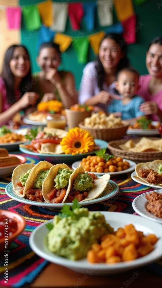 A colorful table brimming with traditional Mexican dishes like tacos, tamales, and guacamole, surrounded by a joyful family enjoying their meal together.