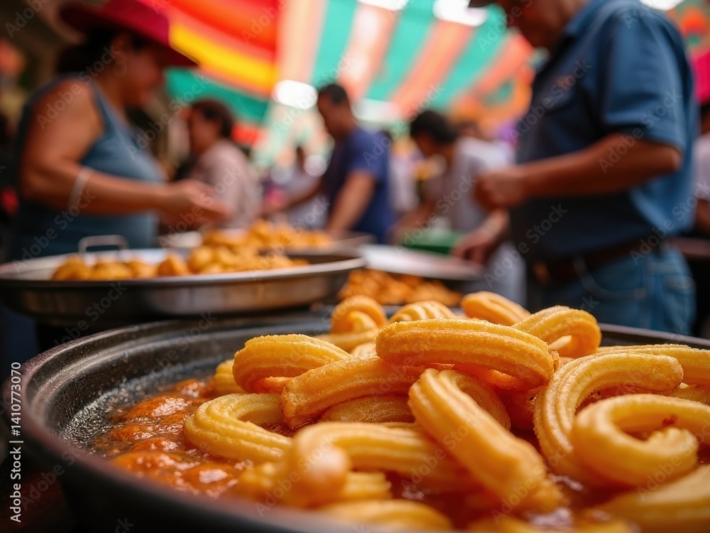 A street vendor prepares fresh churros, as golden spirals sizzle in hot oil. Vibrant market colors and bustling activity enhance the lively atmosphere.
