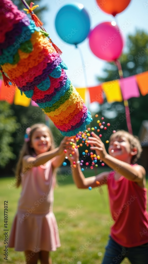 A child hits a bright Pinata , releasing an explosion of colorful candy during a festive outdoor celebration. Balloons and banners add to the cheerful atmosphere.