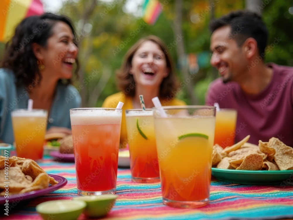 A lively gathering outdoors showcases a colorful table with traditional Mexican beverages and friends joyfully sharing laughter while enjoying the moment.
