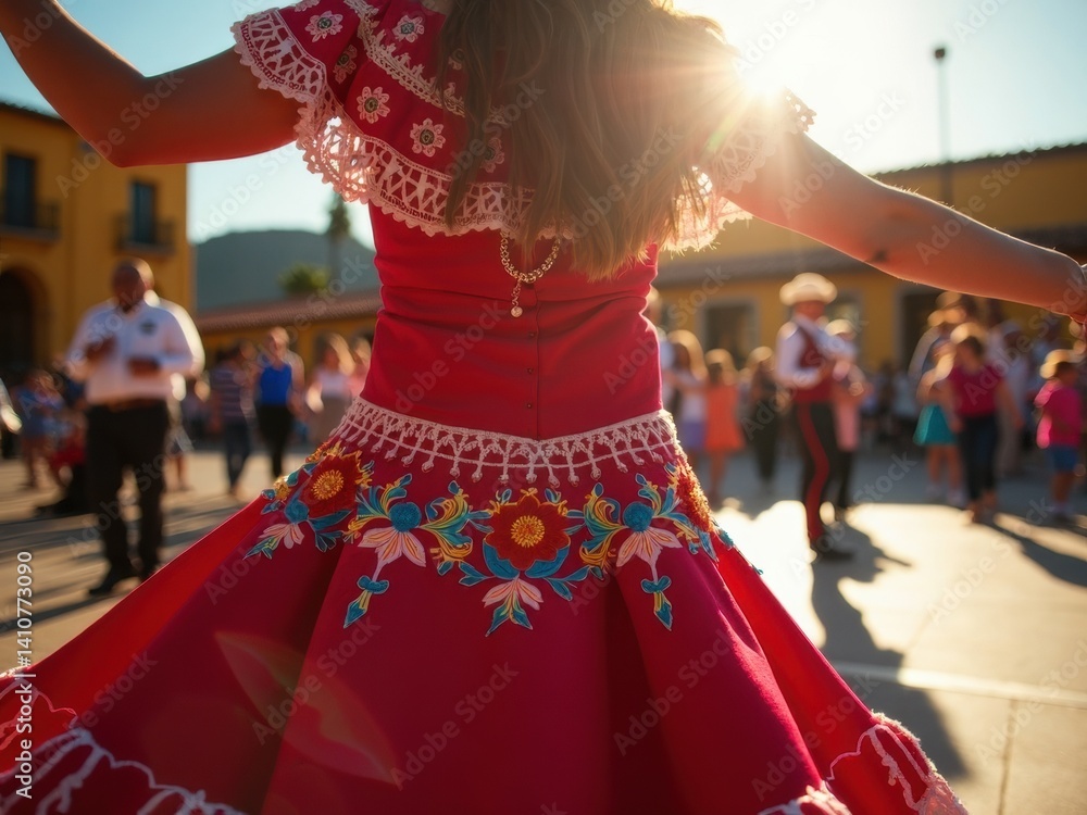 A dancer in a traditional Mexican dress spins joyfully, showcasing intricate embroidery and vibrant colors.