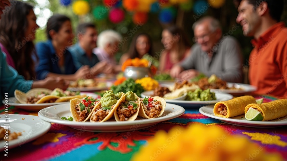 A lively group shares a table filled with delicious Mexican dishes like tacos and tamales, enhanced by colorful decorations and joyful conversations.