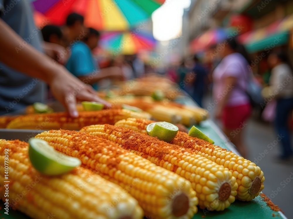 A street vendor skillfully prepares elote, grilled corn topped with lime and chili powder, amidst a lively market filled with colorful umbrellas and people.