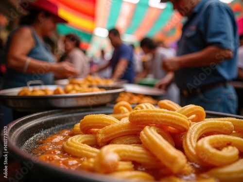 Obraz na płótnie A street vendor prepares fresh churros, as golden spirals sizzle in hot oil. Vibrant market colors and bustling activity enhance the lively atmosphere. w salonie