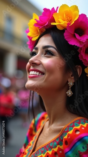 A woman in a colorful floral crown dances joyfully, showcasing her vibrant traditional attire at a lively cultural celebration.