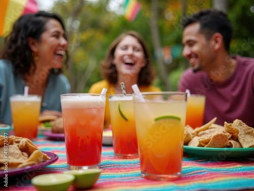 Obraz na płótnie A lively gathering outdoors showcases a colorful table with traditional Mexican beverages and friends joyfully sharing laughter while enjoying the moment. w salonie