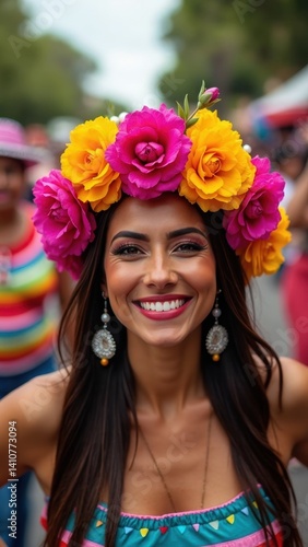A joyful woman adorned with a colorful floral crown dances confidently at a lively cultural celebration, showcasing her pride and spirit.