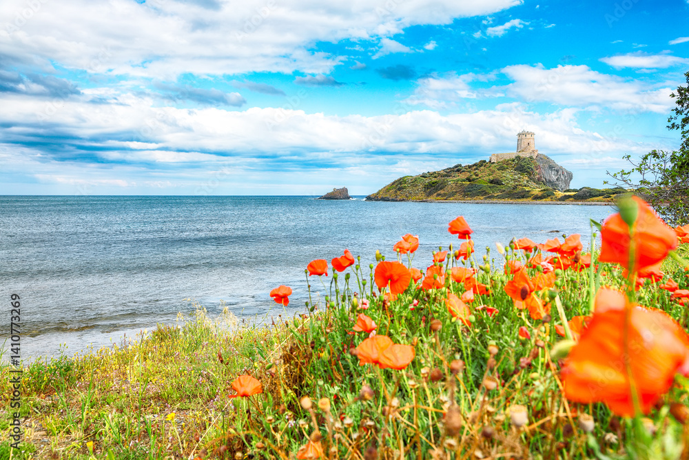 Gorgeous view on Ancient Spanish tower of Coltellazzo of Saint Efisio lighthouse at Nora archeological site