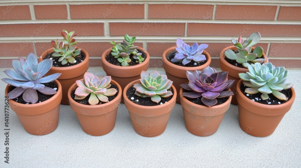 A captivating assembly of succulents and cacti on a sleek concrete shelf, complemented by a textured cement wall.