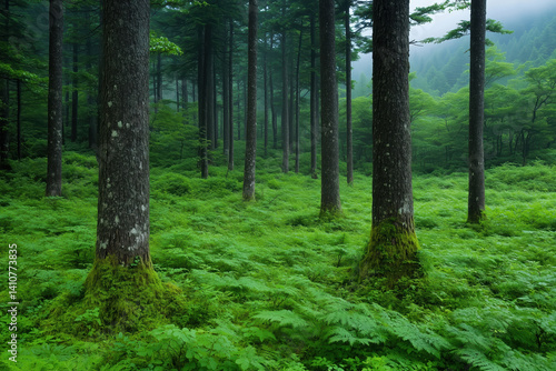 Wallpaper Mural Morning mist in the forest with trees and fern Torontodigital.ca