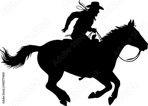 A vector silhouette of a wild west cowboy riding a running horse with rope