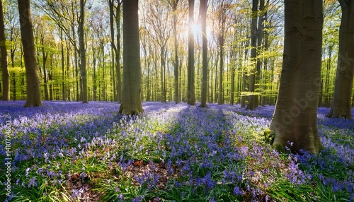 Hallerbos bluebell forest tranquil woodland during blue flowers blossom in spring Halle Belgium Outdoor travel background