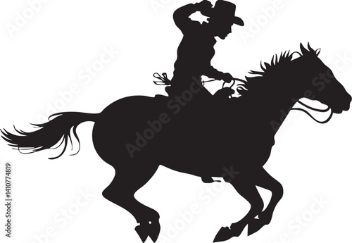 A vector silhouette of a wild west cowboy riding a running horse with rope