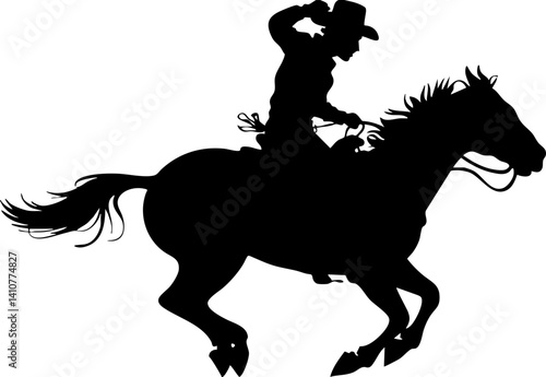 A vector silhouette of a wild west cowboy riding a running horse with rope