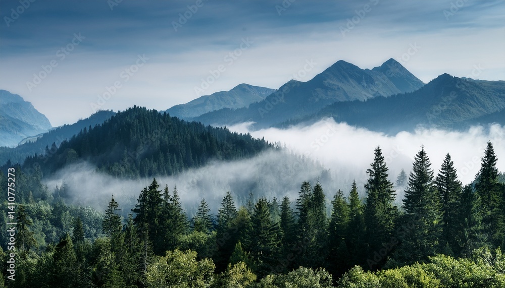 Obraz premium of mountain landscape Forest and mountains in fog
