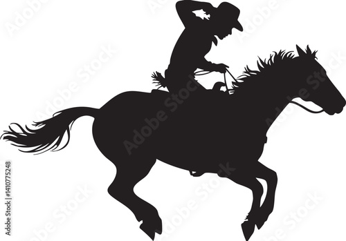 A vector silhouette of a wild west cowboy riding a running horse with rope