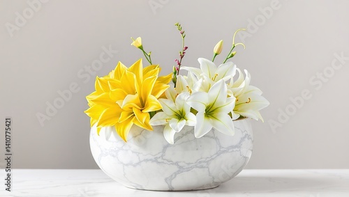 Wallpaper Mural Yellow and White Flowers in Marble Pot - Garden Decor Torontodigital.ca