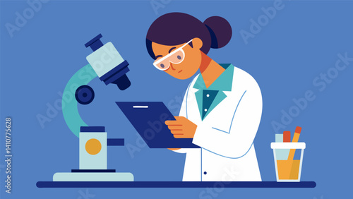 A scientist looking through a microscope carefully recording data and observations on a tablet.. Vector illustration