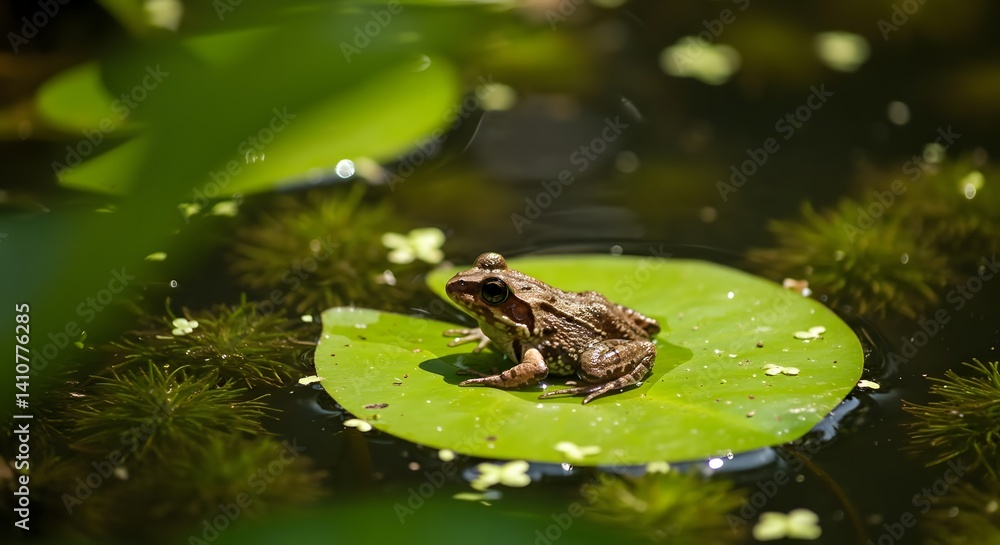 A serene frog rests peacefully on a lily pad in a pond, enjoying the sunlight.
