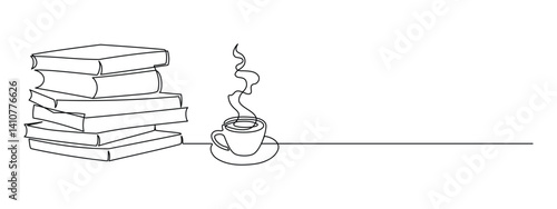 Stack books and cup of coffee in one continuous line drawing. Bookshelf and knowledge library concept in simple linear style. Editable stroke. Doodle outline vector illustration