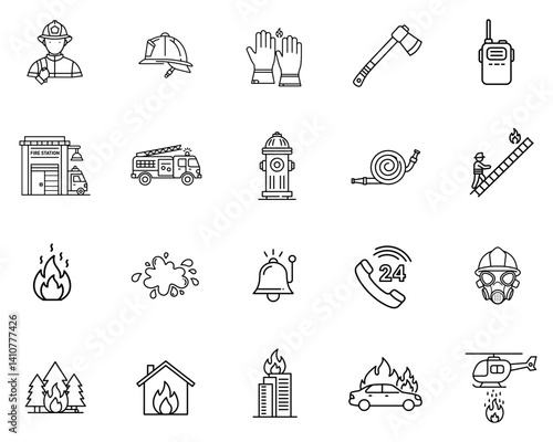 Firefighting 20 icons set depicting emergency tools and services  