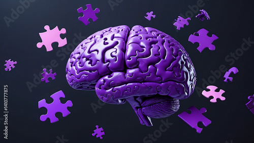 Purple jigsaw puzzle brain floating on dark background