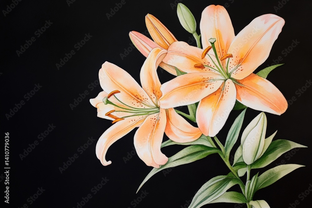 Fototapeta premium Delicate orange lilies on black backdrop.