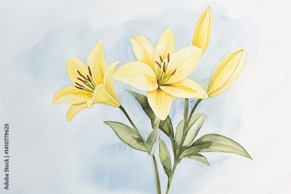 Fototapeta premium Delicate watercolor lilies against a light background.