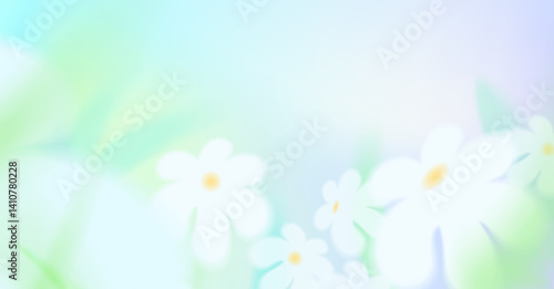 Spring or summer season blur background. Abstract gradation green blue color backdrop, spring white flowers, leaves, sky. Chamomile bg. Soft gradient mesh illustration