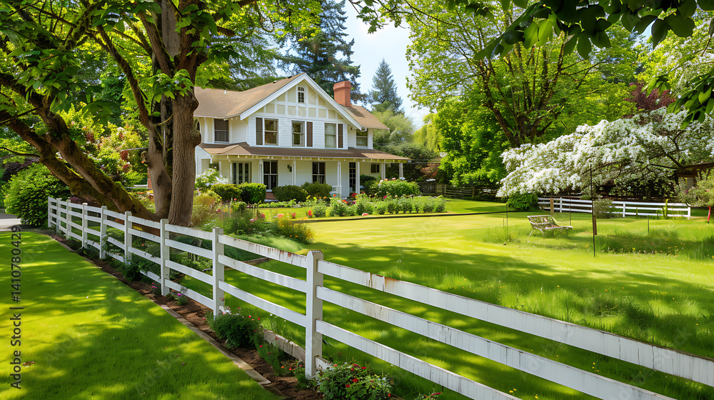 Classic white house with a porch, nestled among mature trees behind a white picket fence on a lush green lawn. Idyllic suburban or country home exterior scene.
Classic white house with a porch, nestled among mature trees behind a white picket fence on a lush green lawn. Idyllic suburban or country home exterior scene.